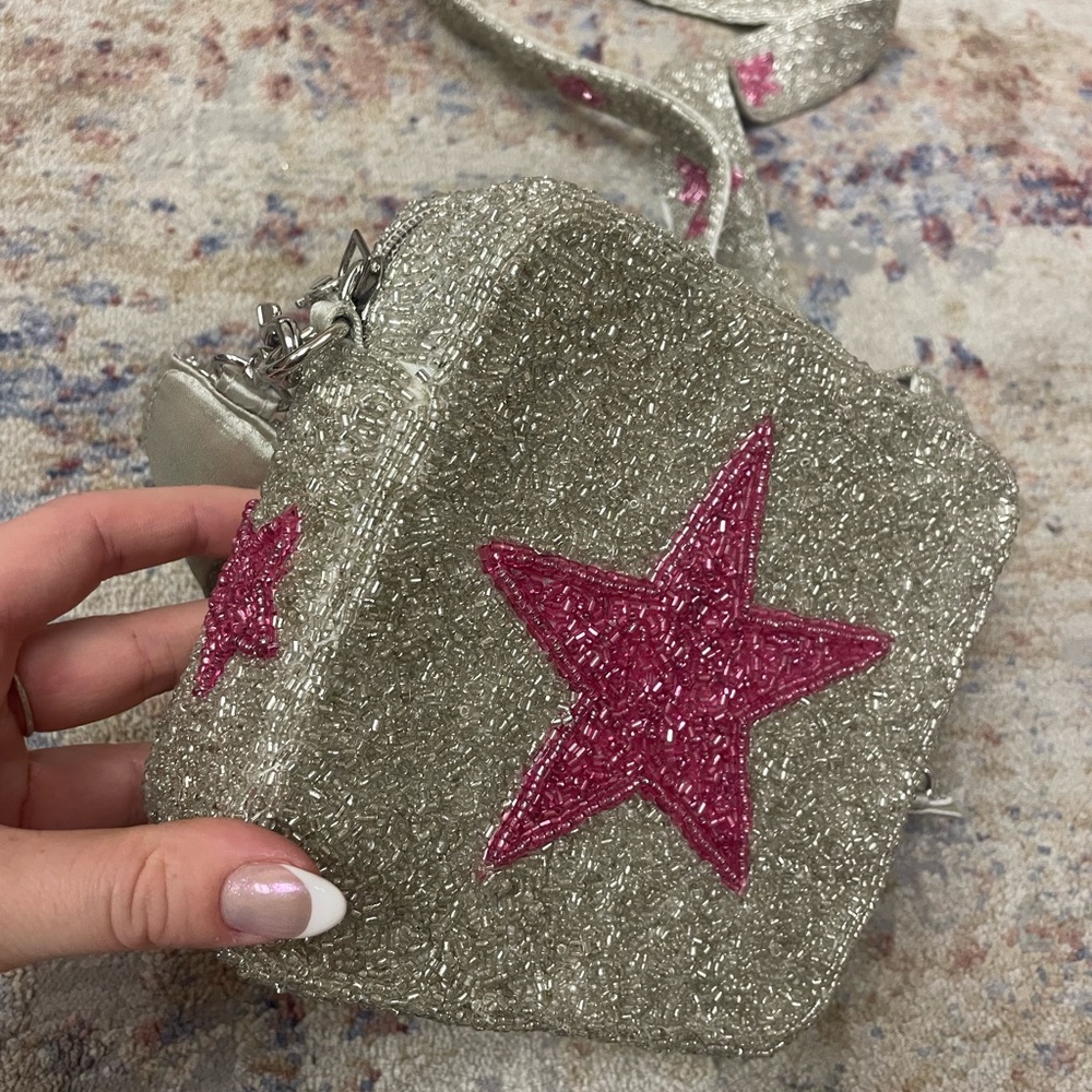 Altar'd State Glittery Silver Crossbody with Pink Stars